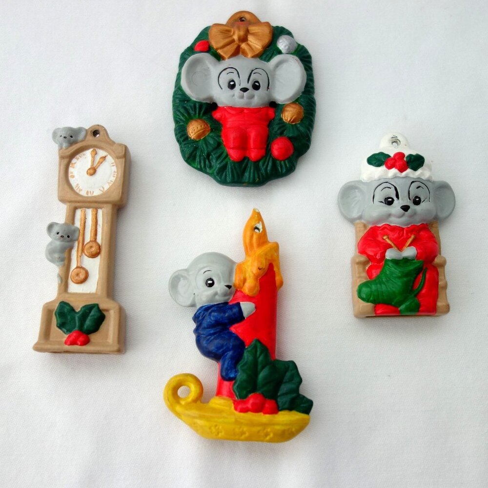 Vintage Set Of 4‎ Hand-Painted Mouse-Themed Christmas Ornaments